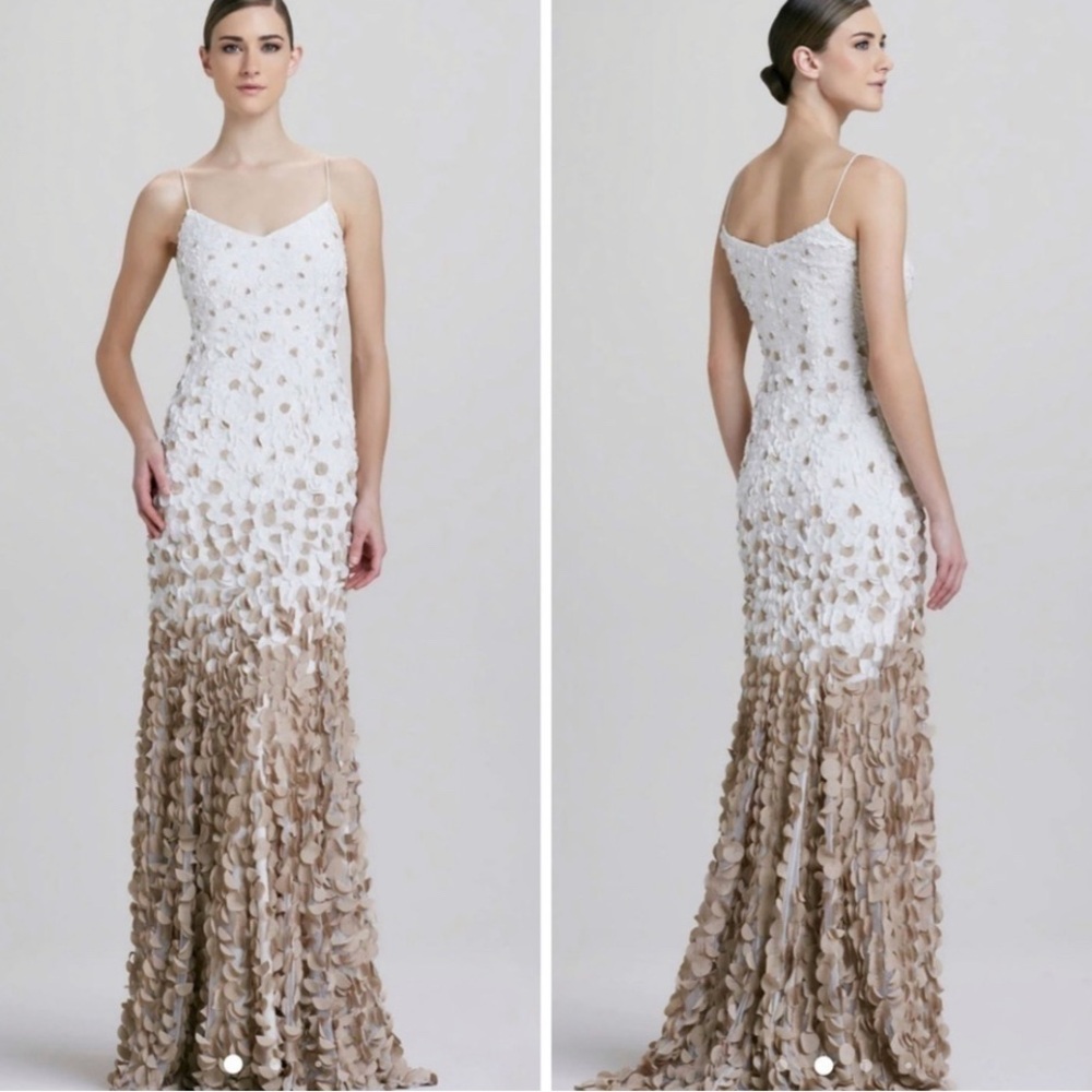 Theia Petal Floral Embellished Tonal Ombre Maxi Gown Size 6 Ivory Tan Formal